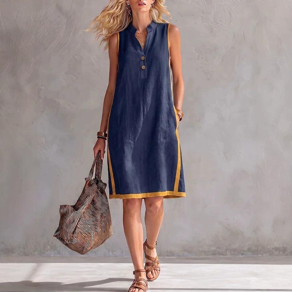 European and American summer new women's clothing women's V-neck sleeveless casual loose cotton and linen dress