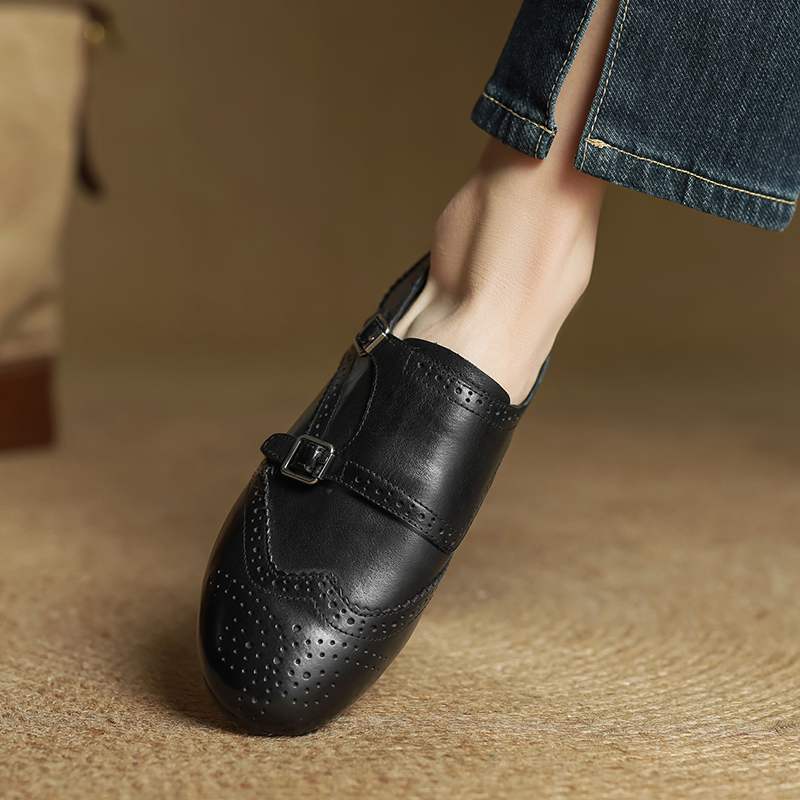 Krazing Pot Cow Skin Fashion Spring Autumn Low Heels metal buckle Oxford Shoes Women Round Toe Leisure Brogues flats