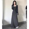 Women's Square Neck Long Sleeve Maxi Dress Slim Fit Ruched A Line Solid Color Elegant French Fall Layering Long Dress