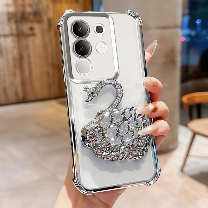 KEYSION Shockproof Plating Phone Case for VIVO Y29 4G Clear Soft TPU Glitter Jewelled Swan Kickstand Back Cover for IQOO Z10X 5G