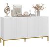 Contemporary Graphic Design Buffet, 2 Cabinets, Doors, Adjustable Shelves, White Wood and Gold Metal