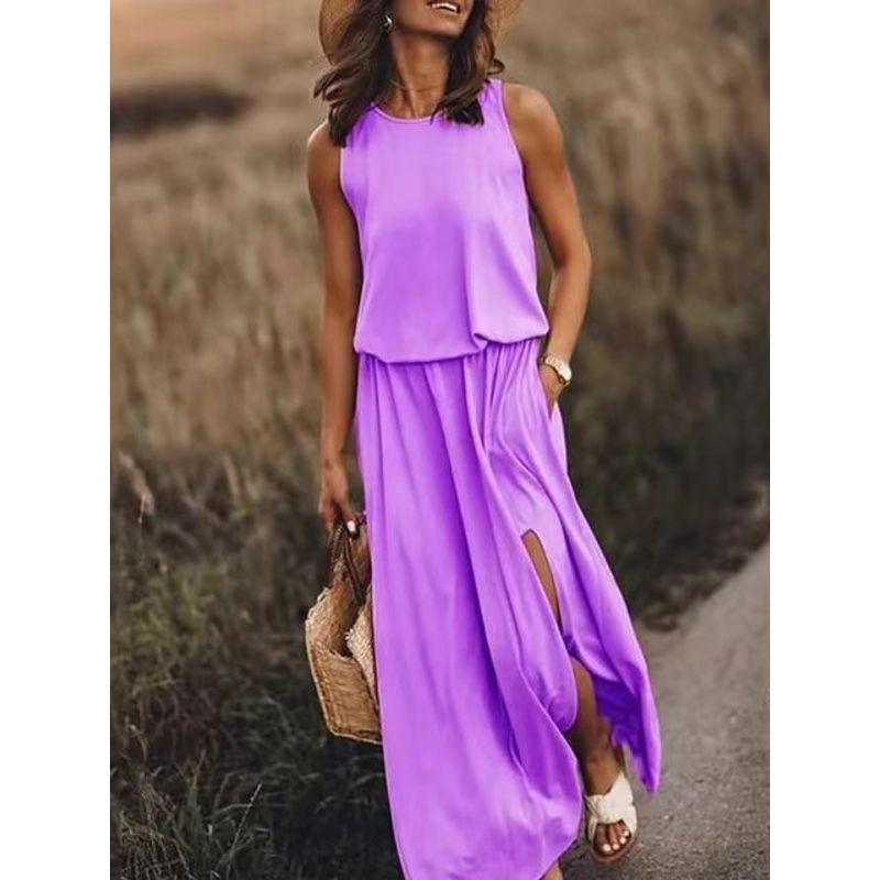 round-Neck Sleeveless Split Dress Loose Solid Color Round Neck Sleeveless Fork Dress