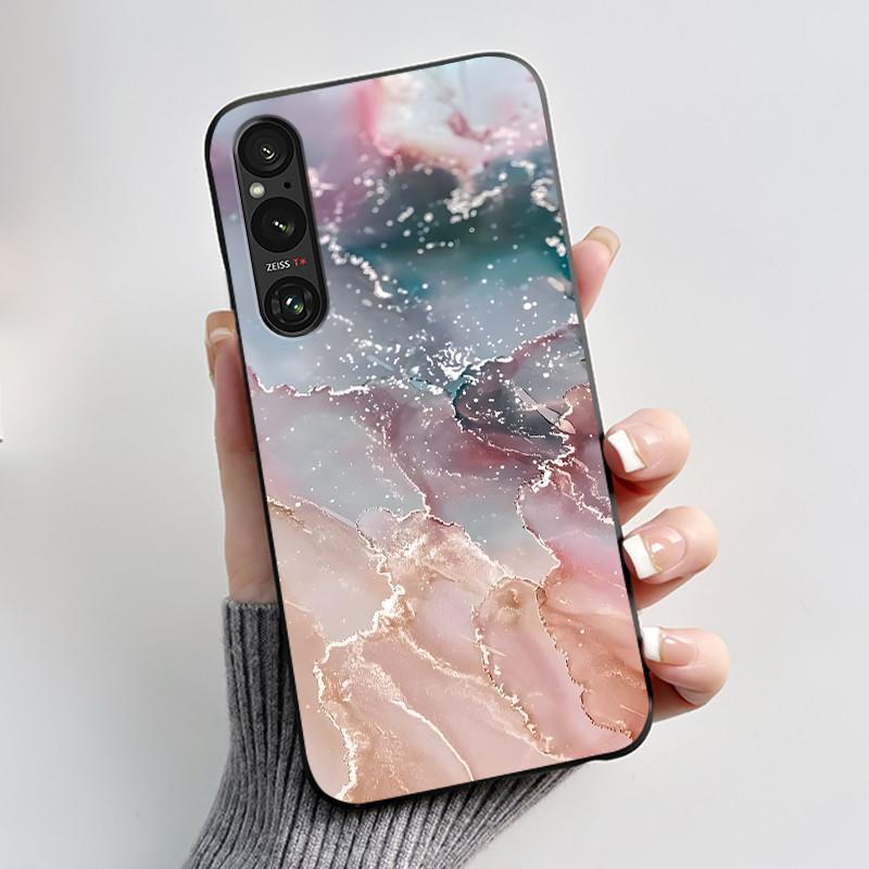 Case For Sony Xperia 1 V 2023 Candy Colored Shockproof Cover For Sony Xperia 1 VI (PDX245) Simple Flower Pattern Black Case