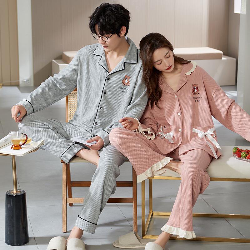 Spring & Autumn Couple Pajamas Set: Long Sleeve, Long Pants, Front Button Lapel Cardigan for Men & Women