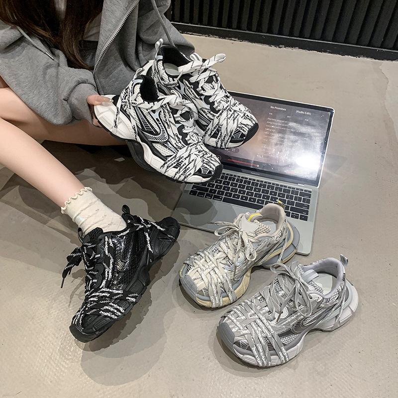 French Spider Woven Strap Letter Dad Shoes Girl 2025 Autumn New Models Old Thick-soled Mesh Breathable Sneakers