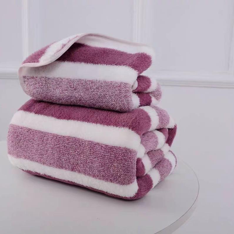 8-Piece Coral Fleece Bath & Face Towel Set with Wide Stripes - Adult Size