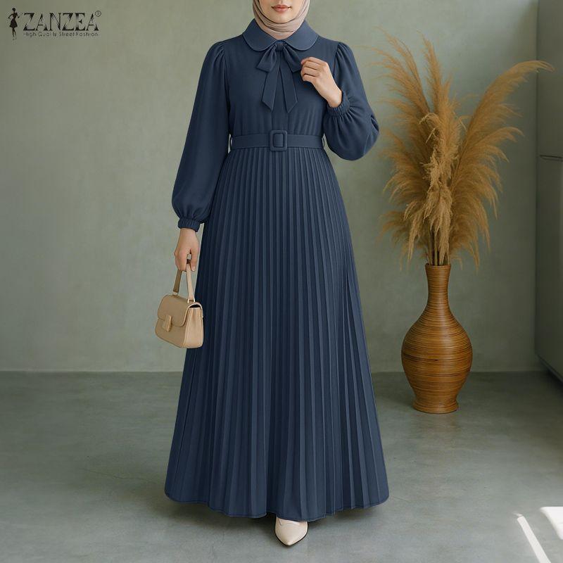 ZANZEA Damen Freizeit Puppenkragen Locker Langarm Muslimisches Langes Kleid