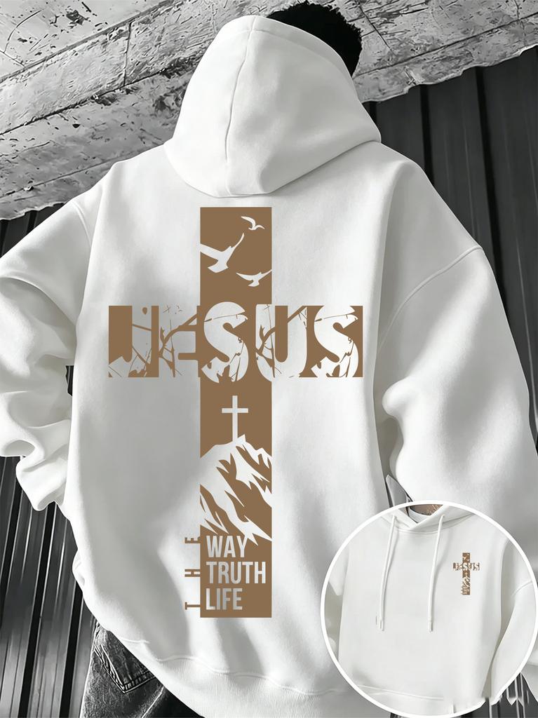 Men's Fleece Hoodie for Autumn and Winter, Featuring a Jesus Cross, the Way, Truth, and Life Print On the Back a Street-style Long-sleeved Casual Wear