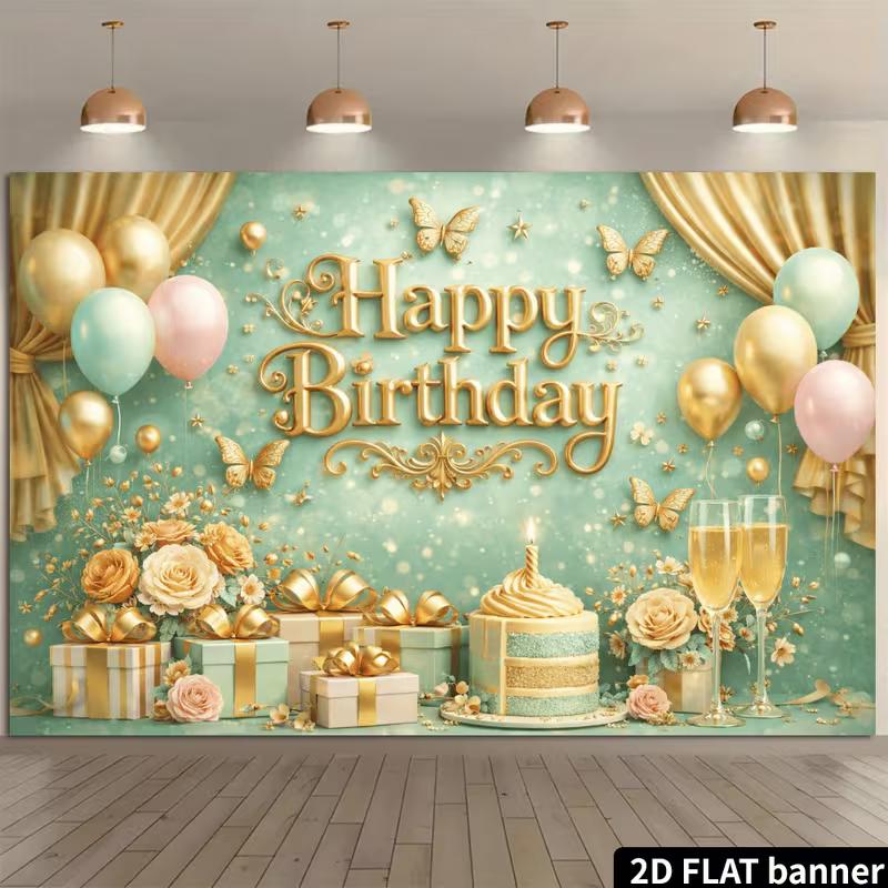 2D Floral Champagne Happy Birthday Backdrop Banner for Luxurious Party Supplies