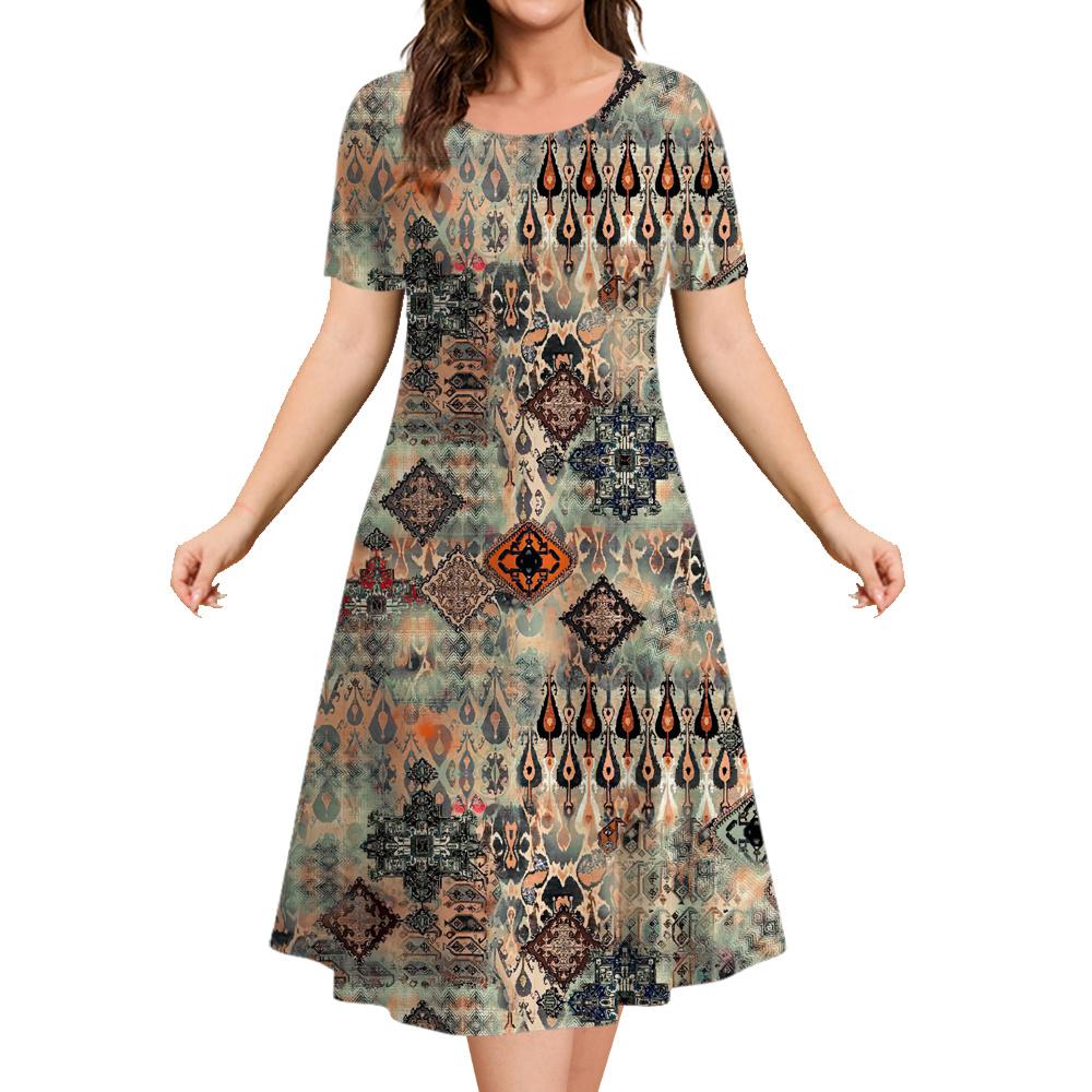 Summer Ladies Retro Casual Dress 3d Printing Loose Round Neck Short-sleeved Dress Suitable for Daily Wear