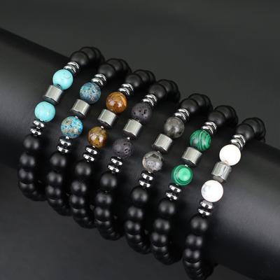 Bracelet simple pour homme, perles d'hématite, d'onyx, de pierre volcanique et de howlite, cadeau pour lui, bracelet en laiton, bijoux de guérison pour les mains