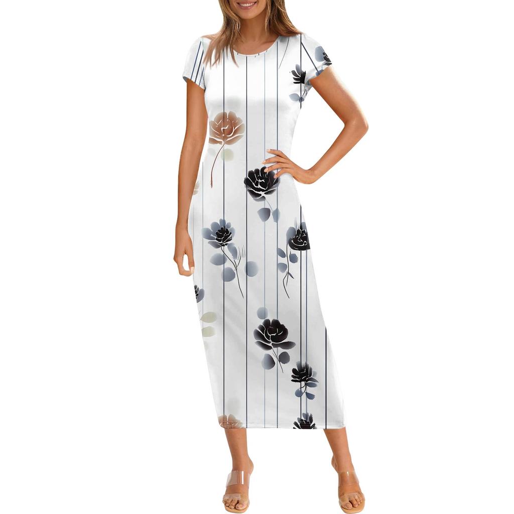 Women's Fashion Casual Print Round Neck Short Sleeve Long Dress