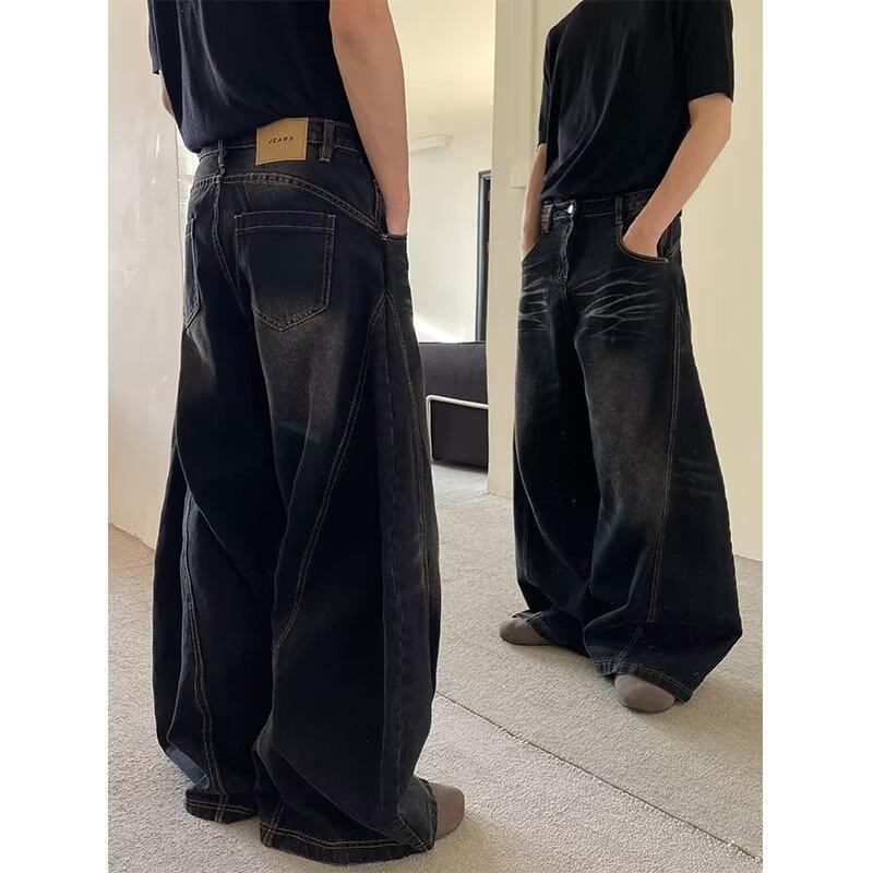 JYL Men's Jeans American Whisker Washed Curved High Street Drape Denim
