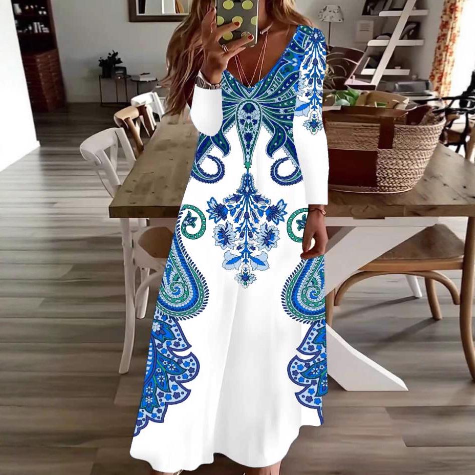 2025 Europäisches & Amerikanisches Herbst-Print Langarmkleid