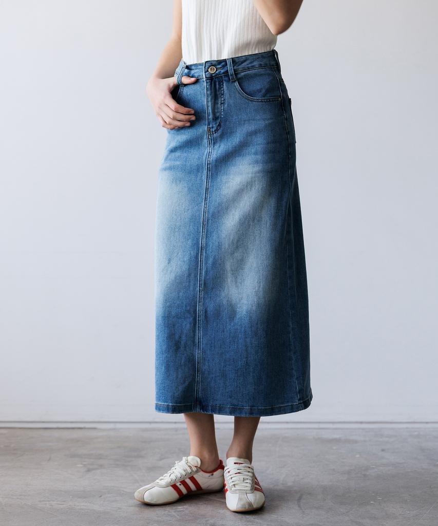 HYFVE Cotton Back Slit Washed Denim Long Skirt