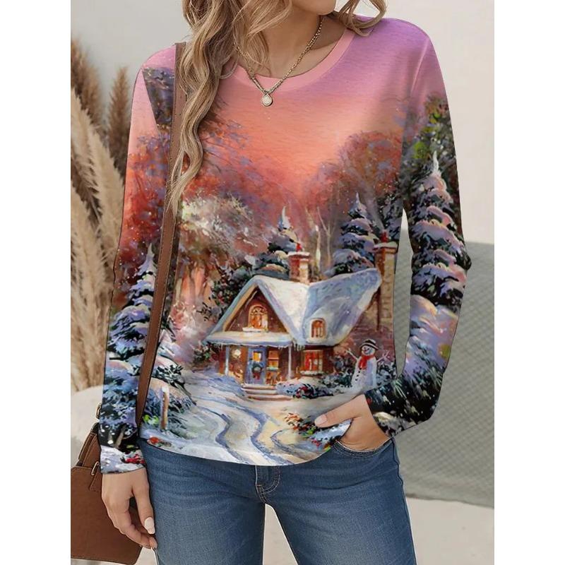 Women's Autumn 3D Animal Snowflake Print Crew Neck Long Sleeve T-Shirt