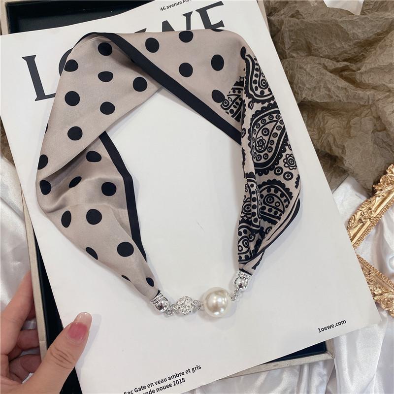 Luxury Design Magnetic Button Summer Silk Scarf Women Magnetic Pearl Necklace Scarves High End Matching Shirt Scarf Lady