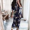 2026 Womens Elegant V-Neck Wrap Tie High-Waist Floral Print Long Dress Slim Fit Casual Office Wear