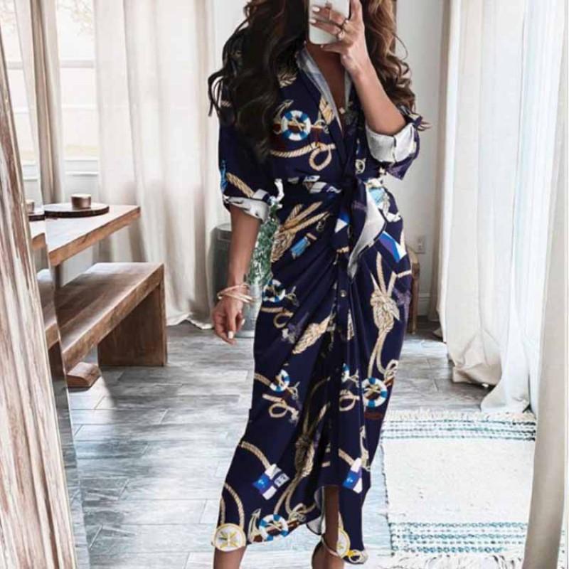 2026 Womens Elegant V-Neck Wrap Tie High-Waist Floral Print Long Dress Slim Fit Casual Office Wear