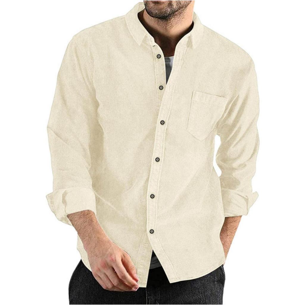 Men's Casual Loose And Fashionable Lapel Solid Color Sporty Long-sleeved Men's Button-down Corduroy Shirt Top