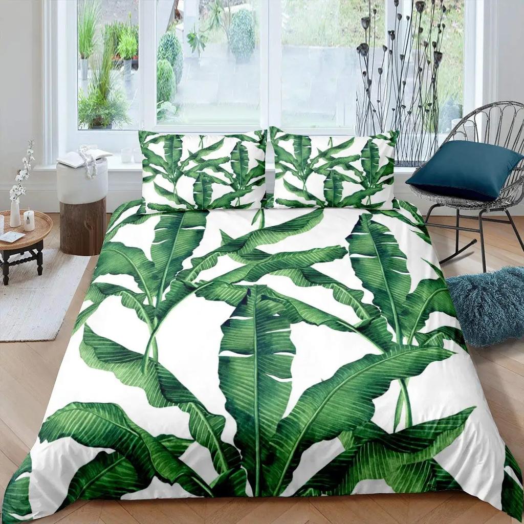 Palm Leaves Duvet Cover King Full Banana Leaves Bedding Set Hawaiian Tropical Leaves Green Branches 2/3Pcs Polyester Quilt Cover