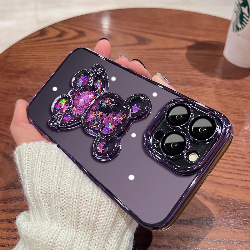 Electroplating quicksand violent bear is suitable for iPhone17 mobile phone case with glass lens film Apple 16 transparent soft case