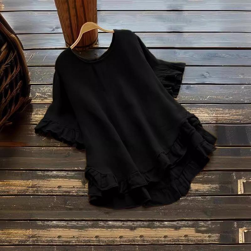 Cross2026 Women's Loose Ruffle Short Sleeve Button-Up Round Neck Shirt