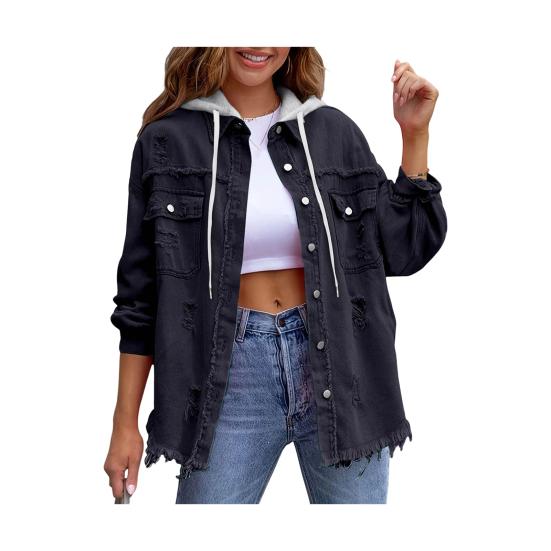 

Жіночий джинсовий оверсайз джинсовий піджак на ґудзиках, потертий, рваний, з капюшоном, наповнювач пух, довгий рукав, осінь, весна S чорний