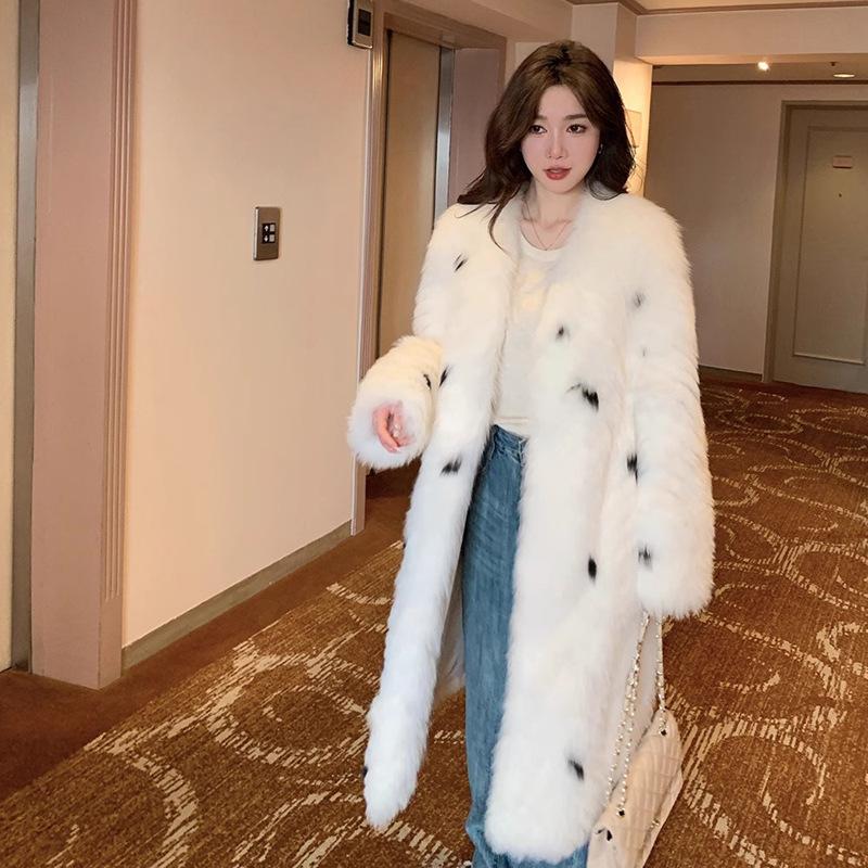 

Женская шуба из искусственного меха лисы с леопардовым принтом, пятнистое пальто, V-образный вырез, средней длины, меховая ветровка, зима, новый стиль XS