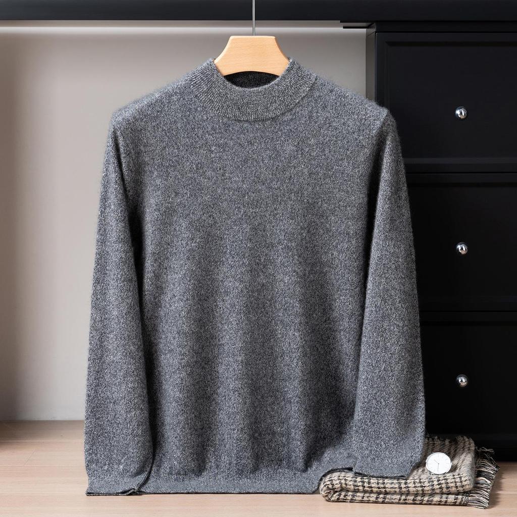 Men's 12-Gauge Double-Layer Cashmere Sweater, Half-High Collar, Long-Sleeve, Business Casual, Warm Knitted Base Layer