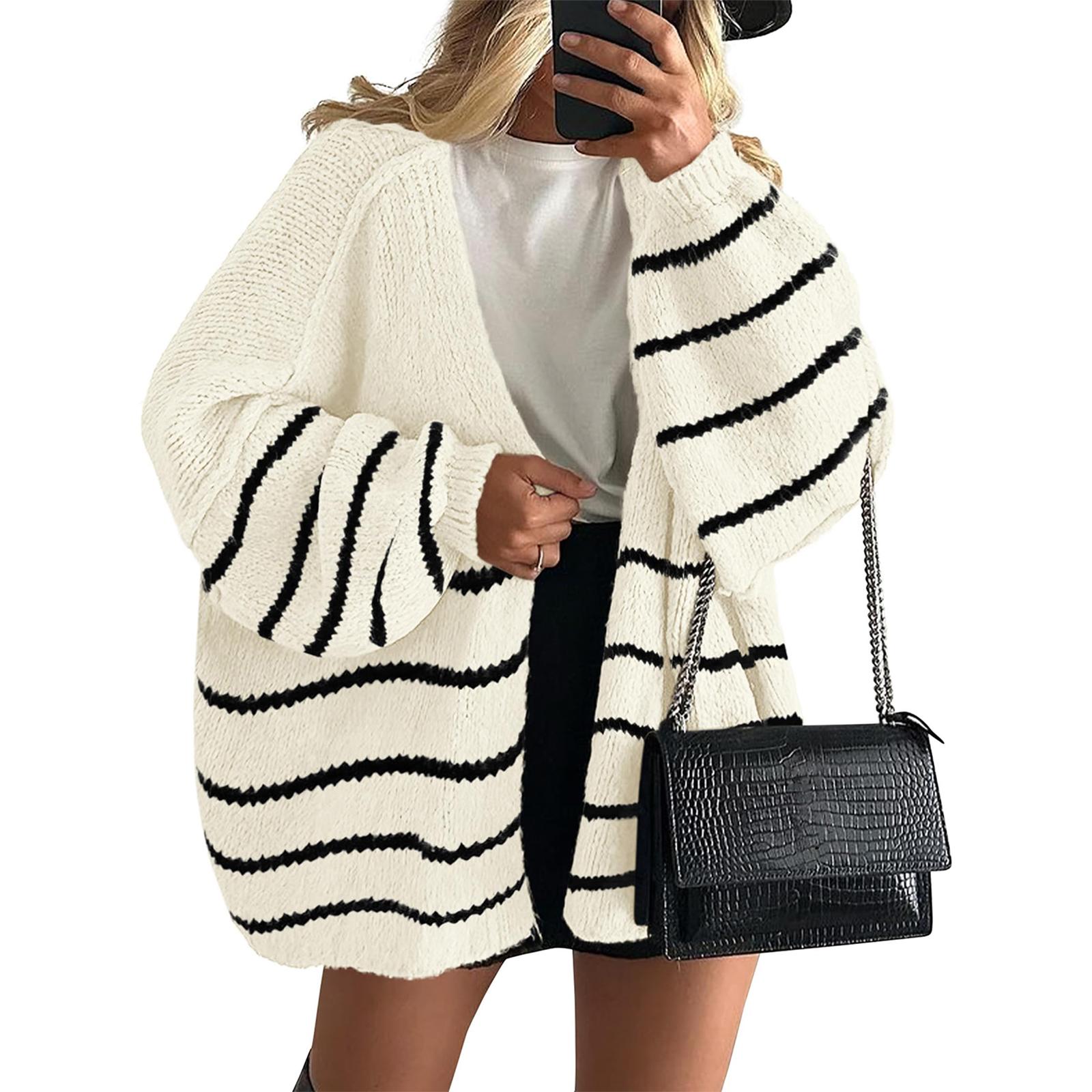 

Женские модные полосатые пальто с длинными рукавами, вязаный повседневный кардиган, свитер, куртка XL белый