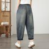 DIMANAF 2026 Summer New Plus Size Women Jeans Elastic Waist Print Long Pants Loose Casual Denim Cotton Trousers Pants
