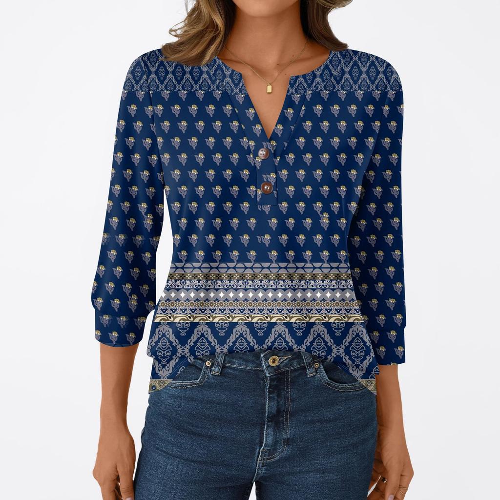 T-shirt Manches 3/4 Décontracté Mode Femme Imprimés Col V Boutonné