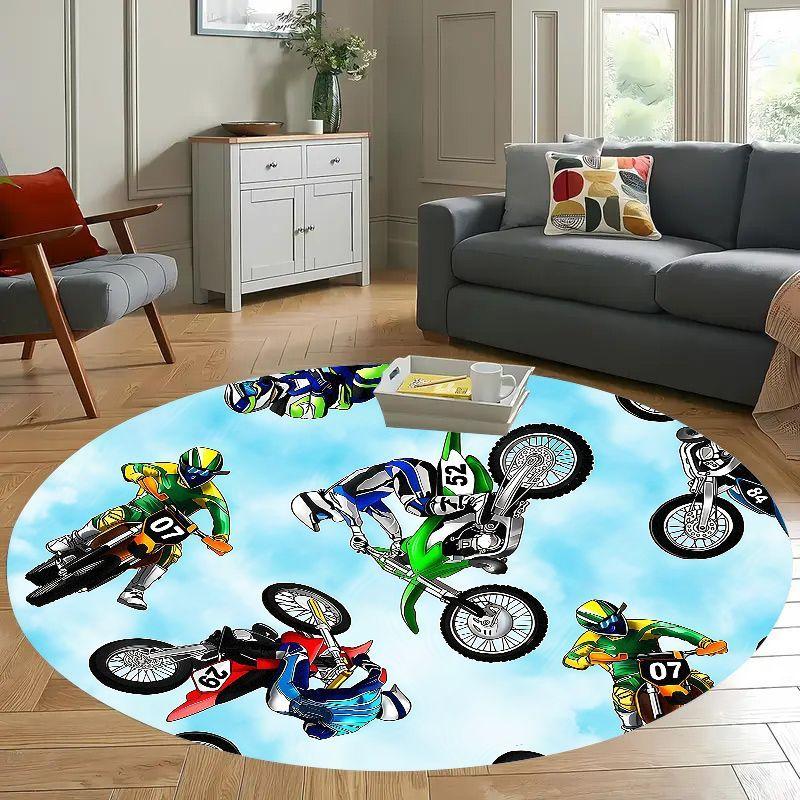 Motocross Riders Round Rug Flannel Adventure Sports Enthusiast Home Decor Racing Theme Carpet