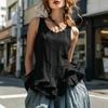 Women Tops Solid Color Loose Fit Breathable Casual Blouse O-Neck Sleeveless Ruffle Splicing Hem Summer Vest Daily Wear