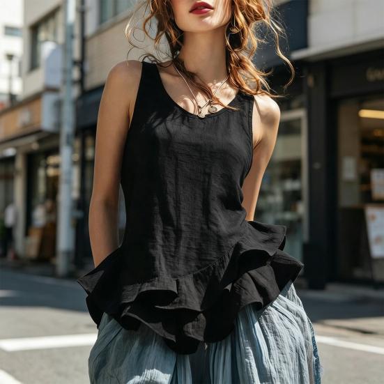 Women Tops Solid Color Loose Fit Breathable Casual Blouse O-Neck Sleeveless Ruffle Splicing Hem Summer Vest Daily Wear