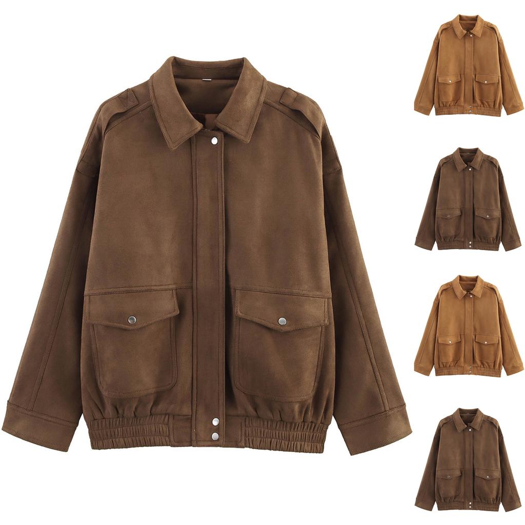 Women's Faux Suede Button Jacket Oversized Gathered Hem Short Length Coat Casual Vintage Outerwear With Pockets