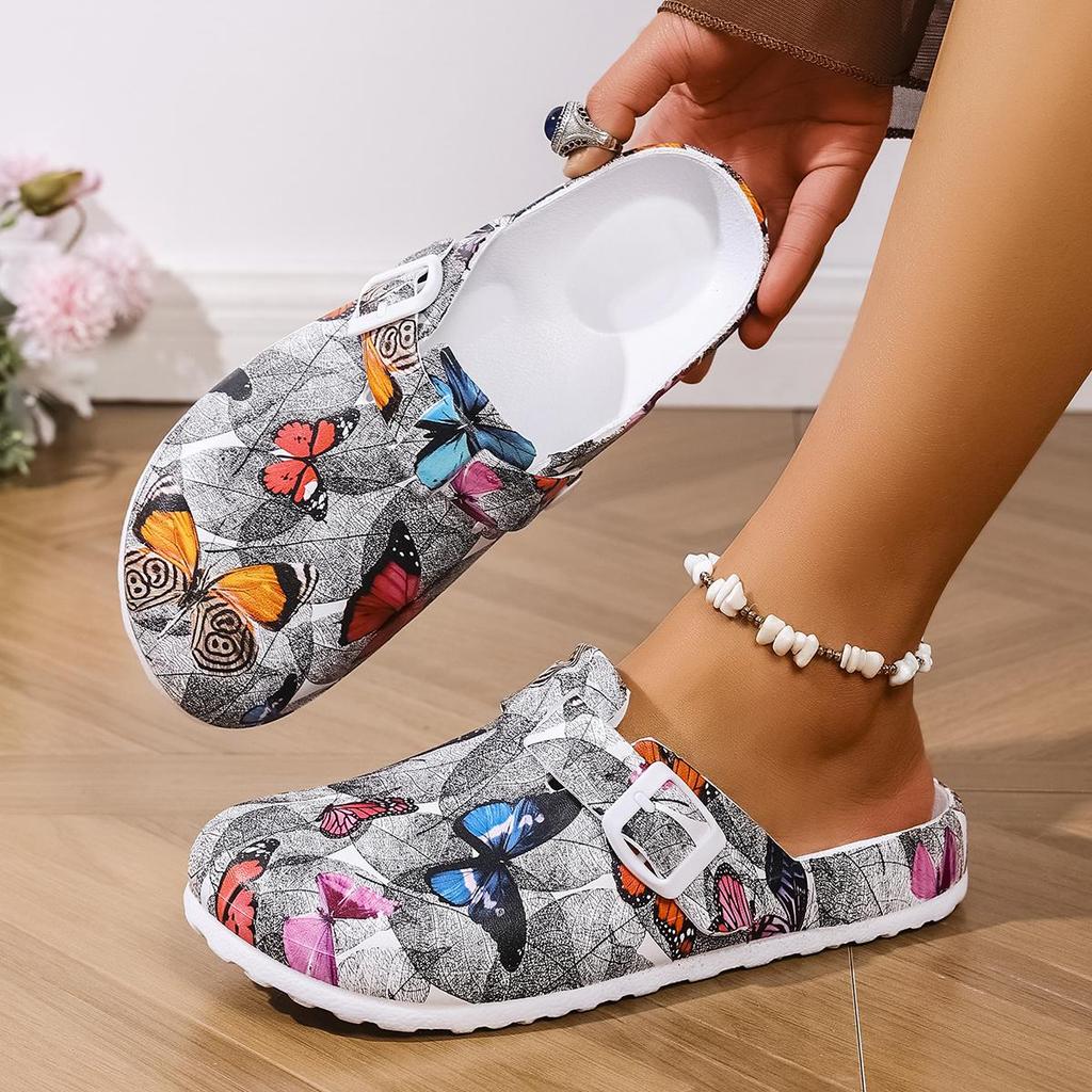 New Women's Fashionable Slip-On Slippers Elegant Black-Gray Butterfly Watermark Wedge Heel with Durable Soft Sole Comfortable Fo