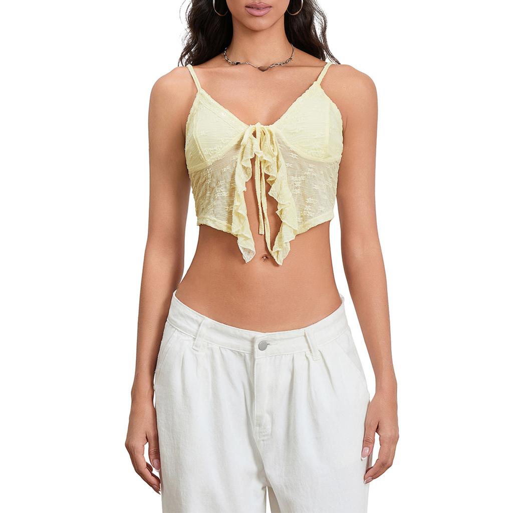 Women Crop Tie Front Camisole Casual Summer Lace Trim Spaghetti Strap Tank Tops Sleeveless T-Shirt for Club Streetwear