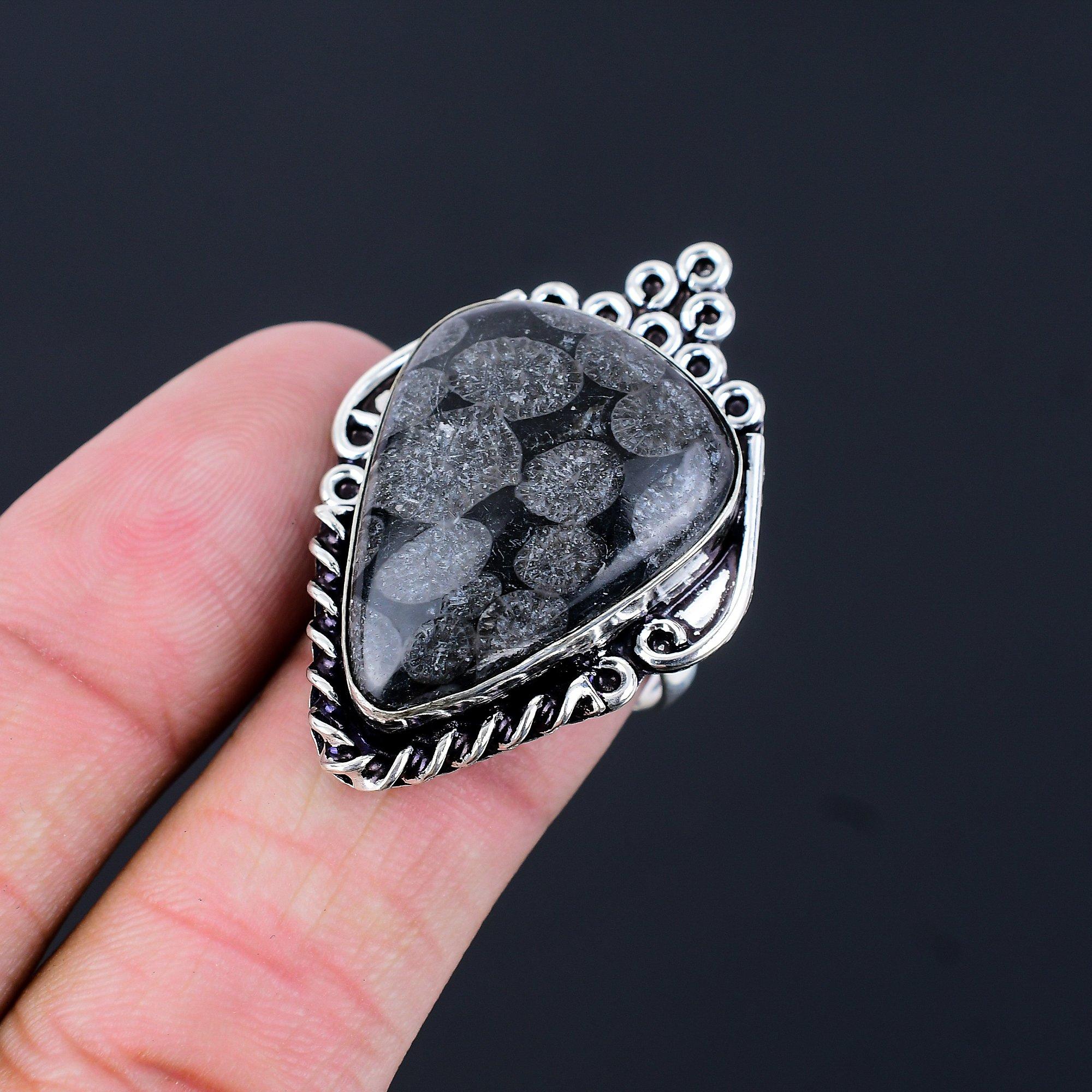 Daughters Day Deal 925 Silver Natural Black Fossil Coral Mother Multi Stone Ring 9