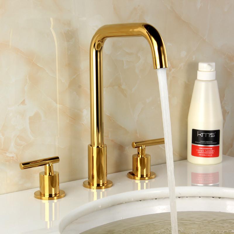 Bathroom Sink Faucet Dual Handle Gold Chrome hot & cold water Deck mounted Sink Faucets gold 3 hole 8 inch Basin tap