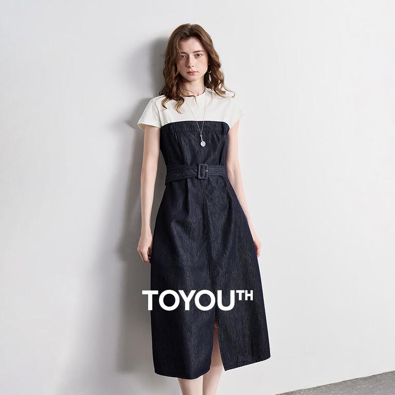 Chuyu Women s Colorblock Faux Two-Piece Denim Dress S