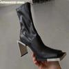 Fashion 2025 New Style Strange Style Heel Women Boots Metal Square Toe Square Heel Back Zipper High Heel Ankle Boots Novelty Short Boots