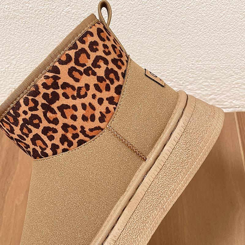 Leopard Print Cuff Ankle Boots Winter Plush Lined Side Zip Toothed Sole Women Warm Snow Shoes