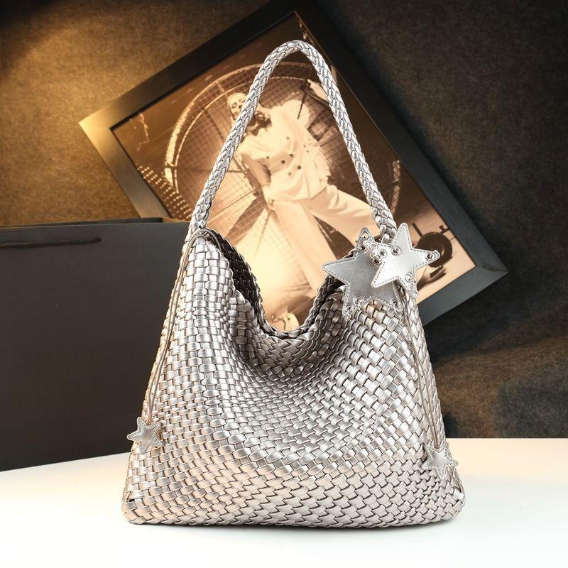 Woven big bag new fashion leather women's bag fashion trend large capacity shoulder bag grid bucket bag