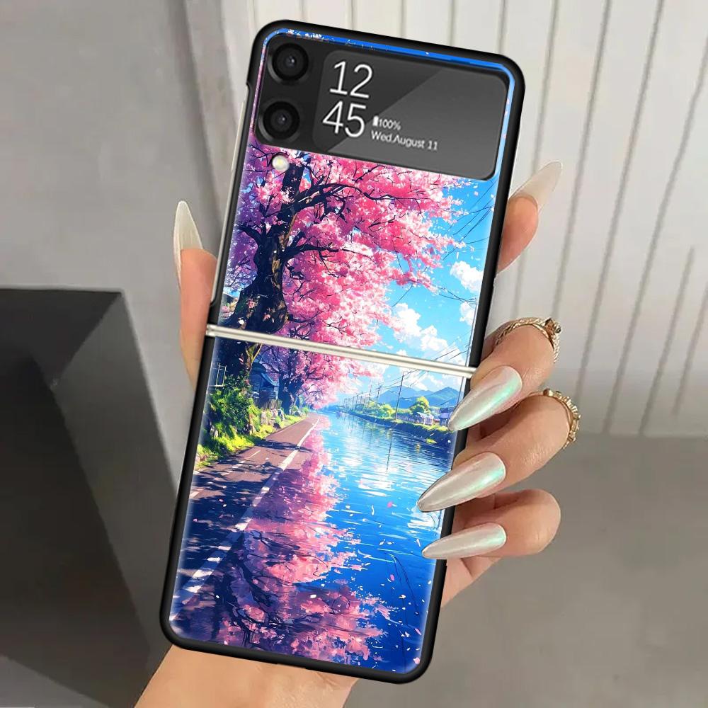 Japanese Cherry Mount Fuji Hard PC Phone Case For Samsung Galaxy Z Flip 7 6 5 4 3 Black ZFlip7 ZFlip6 Flip5 Flip4 Flip3 5G Print