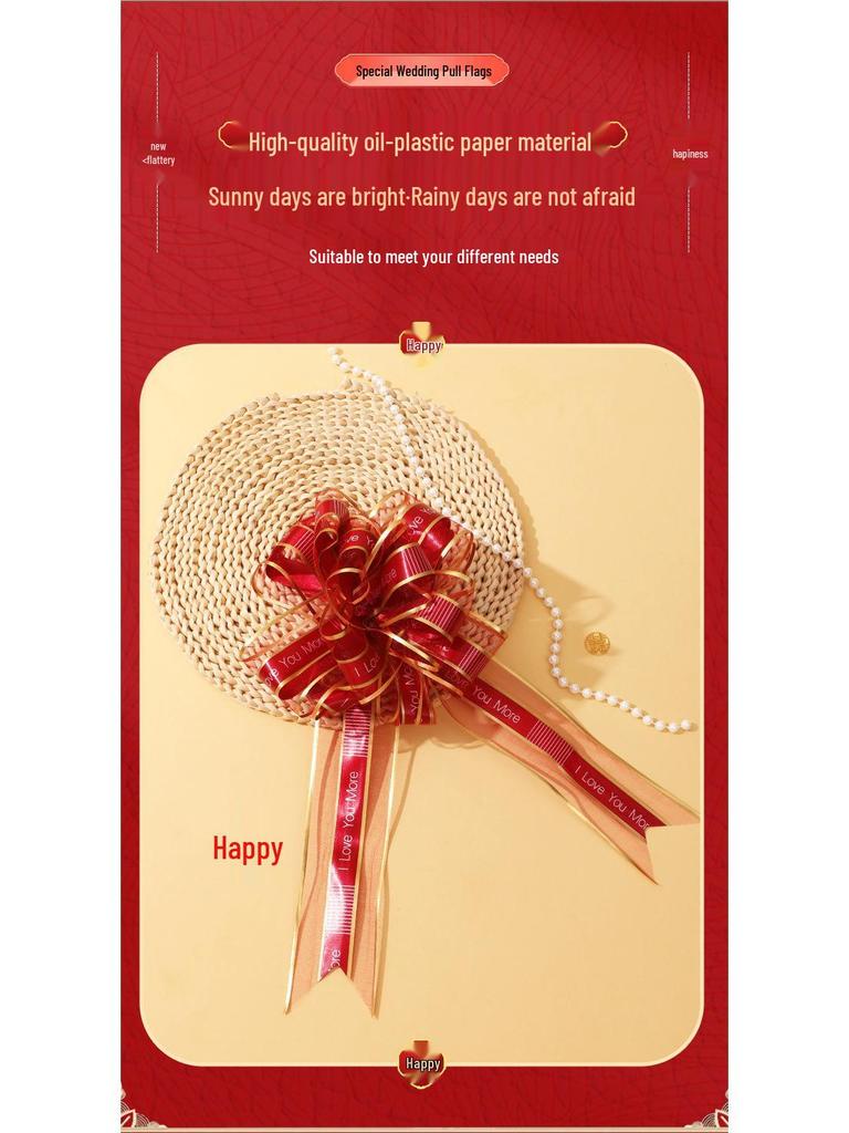 Velká stahovací mašle na schodišťové zábradlí, svatební auto a dekoraci na kolaudaci