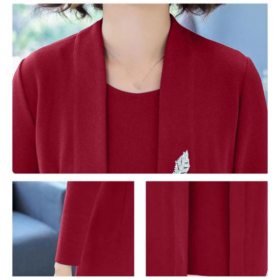 Abito da donna, abito primavera autunno elegante tinta unita, donna di mezza età, cardigan lungo aperto sul davanti, kit abito senza maniche con scollo a O
