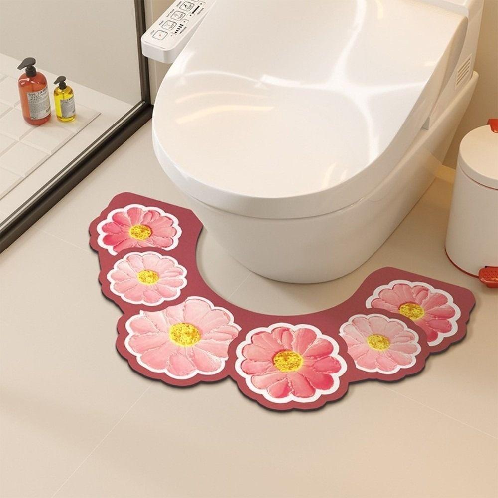 Oil Painting Style U-shaped Toilet Mat Floral Pattern Anti Slip Floor Mat For Bathroom
