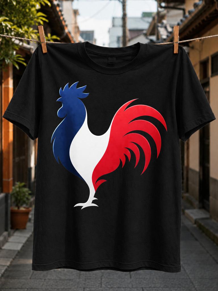 Französisches Hahnen-T-Shirt mit Blau-Rot-Flaggen-Silhouette Einfach Patriotisch Saubere Grafik Nationalstolz Unisex Alle T-Shirts